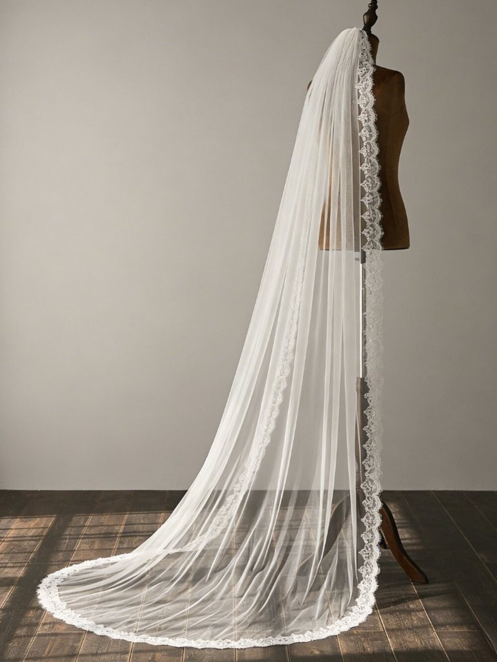 Lace Trim Chapel Wedding Veil - 200cm Long Train with Comb